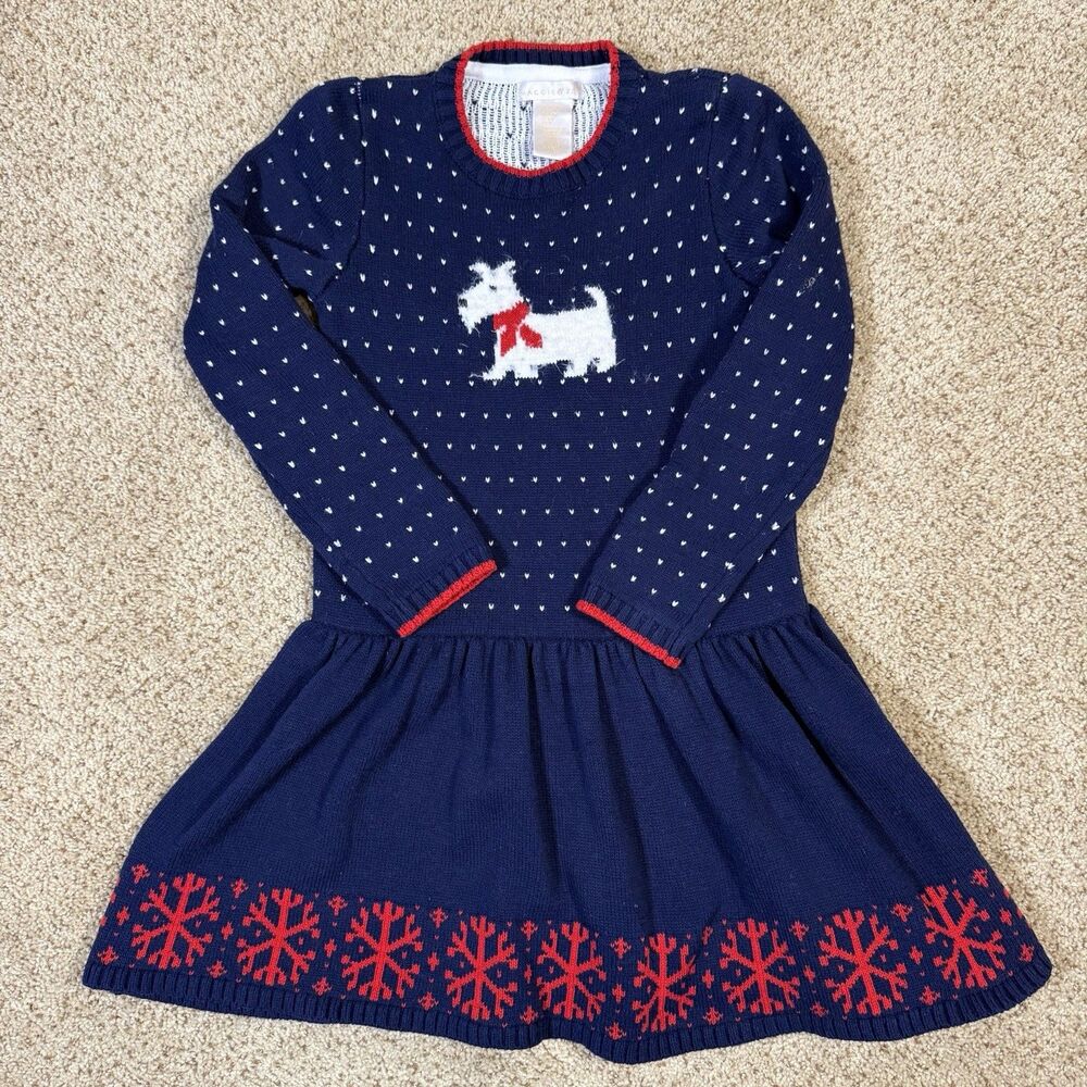 Maggie & Zoe Girls Sweater Dress Navy Scottie Dog Red Snowflake Knit sz S (7-8)